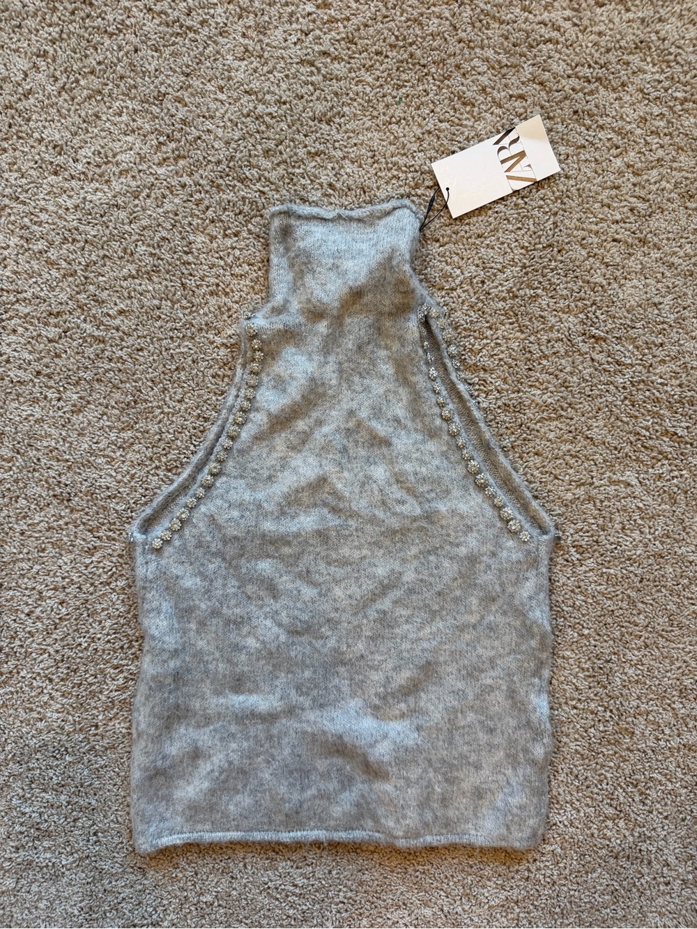 ZARA Light Gray Mock Neck Sleeveless Knit Tank with Beaded Trim